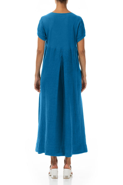 Robe longue en lin bleu cobalt à manches courtes