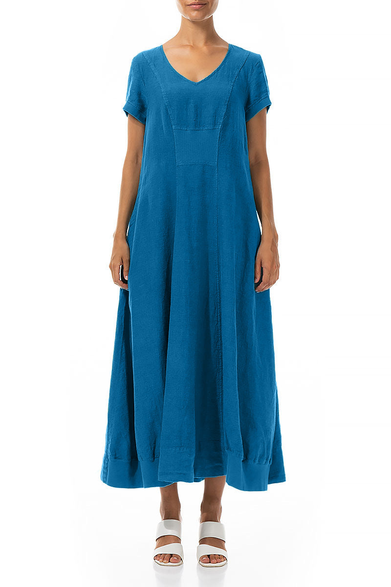 Robe longue en lin bleu cobalt à manches courtes
