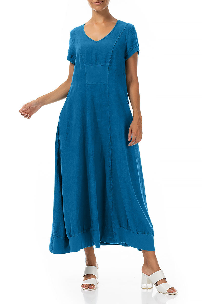 Robe longue en lin bleu cobalt à manches courtes