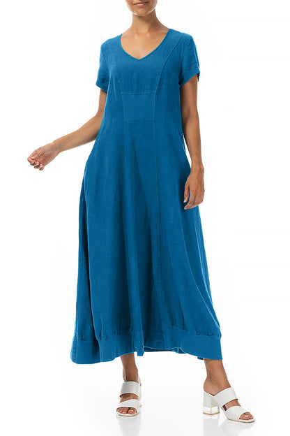 Robe longue en lin bleu cobalt à manches courtes