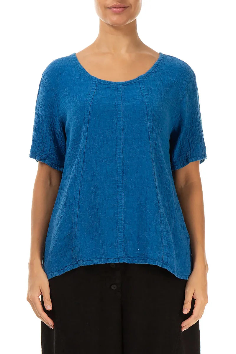 Short Sleeves Cobalt Blue Linen Viscose Blouse 1