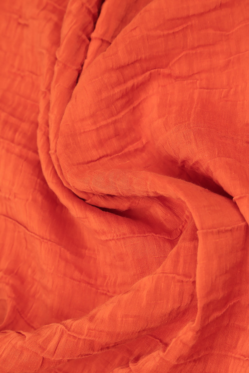 Short Sleeves Cowl Neck Flame Orange Crinkled Silk Linen Dress 5