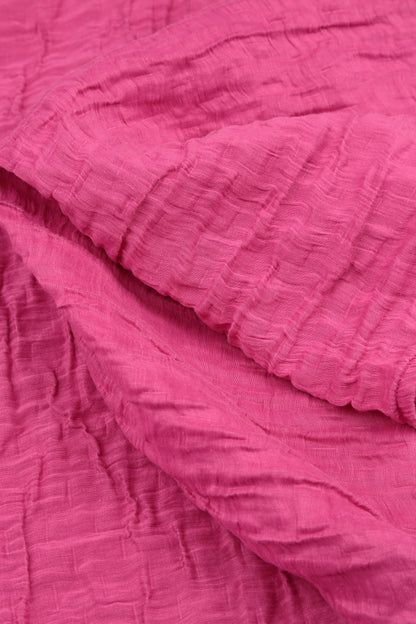 Short Sleeves Cowl Neck Fuchsia Crinkled Silk Linen Dress 6