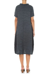 Short Sleeves Cowl Neck Graphite Crinkled Silk Linen Dress 2