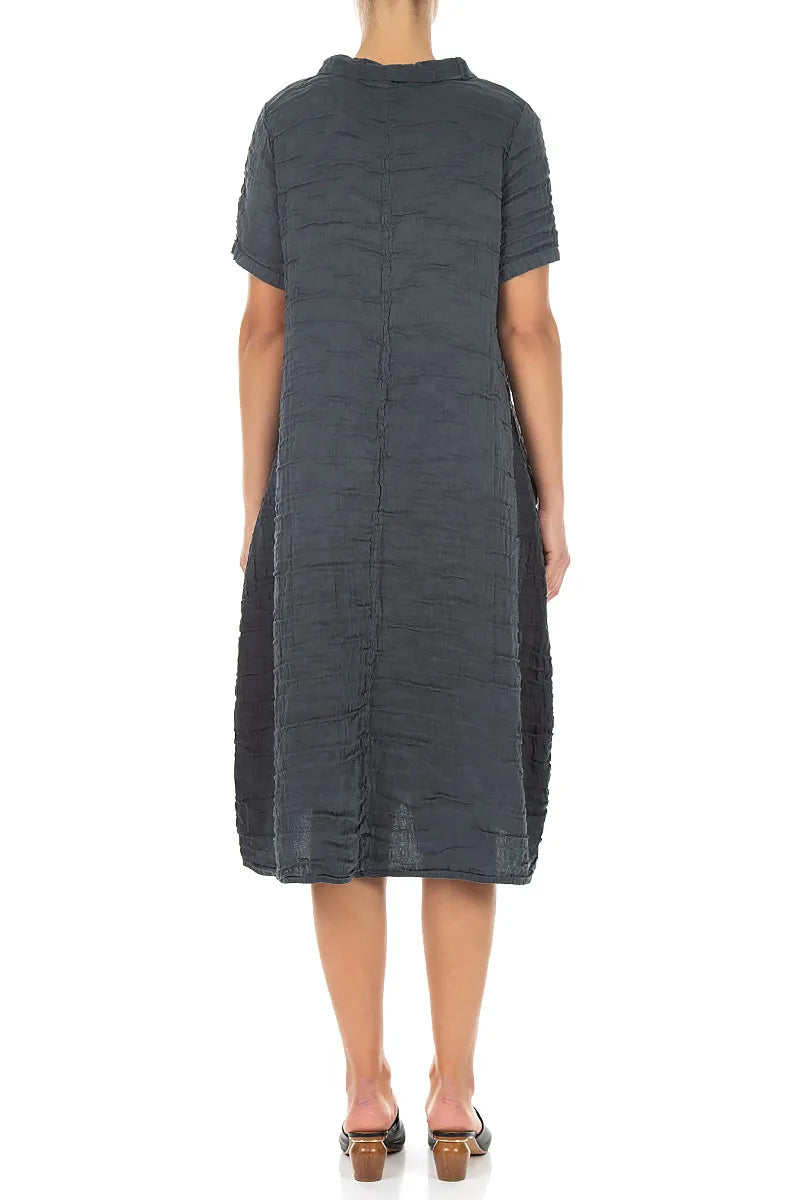 Short Sleeves Cowl Neck Graphite Crinkled Silk Linen Dress 2