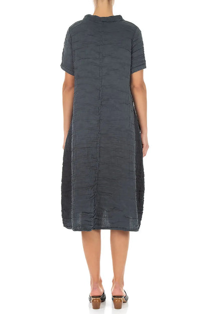 Short Sleeves Cowl Neck Graphite Crinkled Silk Linen Dress 2