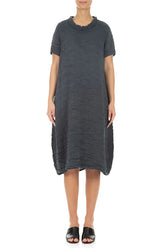 Short Sleeves Cowl Neck Graphite Crinkled Silk Linen Dress 1