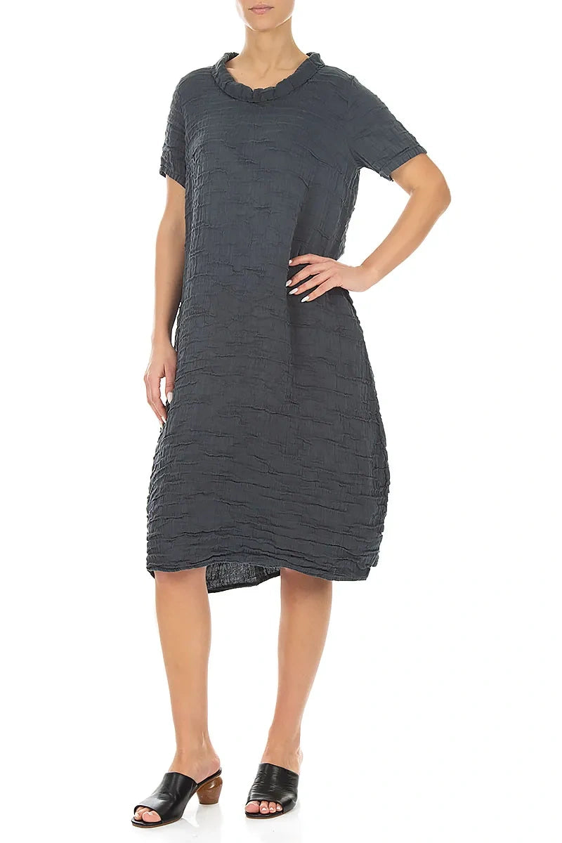 Short Sleeves Cowl Neck Graphite Crinkled Silk Linen Dress 4