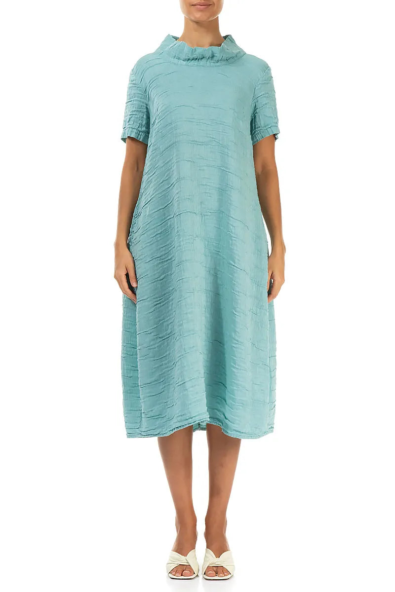 Short Sleeves Cowl Neck Mint Crinkled Silk Linen Dress