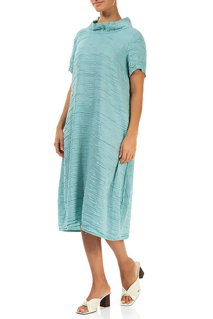 Short Sleeves Cowl Neck Mint Crinkled Silk Linen Dress