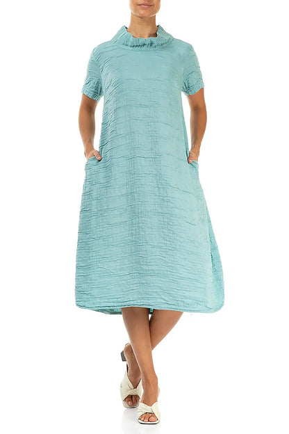 Short Sleeves Cowl Neck Mint Crinkled Silk Linen Dress