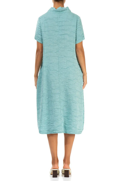 Short Sleeves Cowl Neck Mint Crinkled Silk Linen Dress