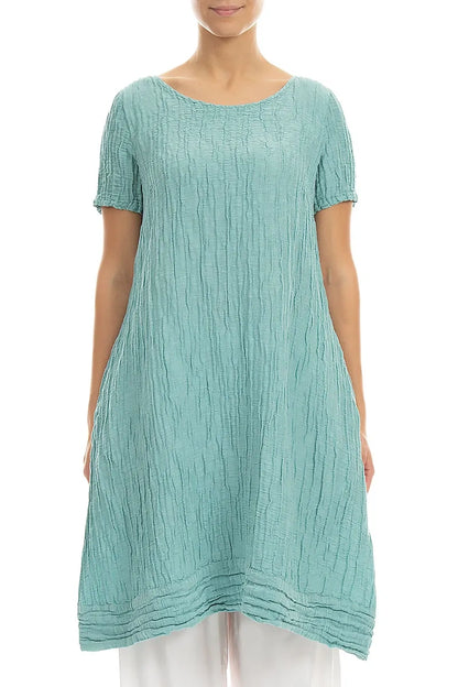 Short Sleeves Crinkled Mint Silk Linen Tunic Dress 1