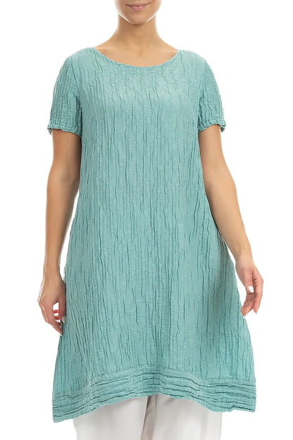 Short Sleeves Crinkled Mint Silk Linen Tunic Dress 3
