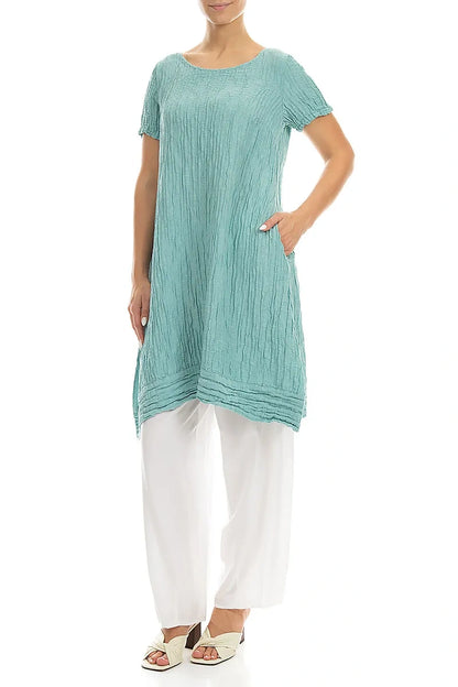 Short Sleeves Crinkled Mint Silk Linen Tunic Dress 4