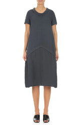 Short Sleeves Draped Collar Graphite Linen Dress 1