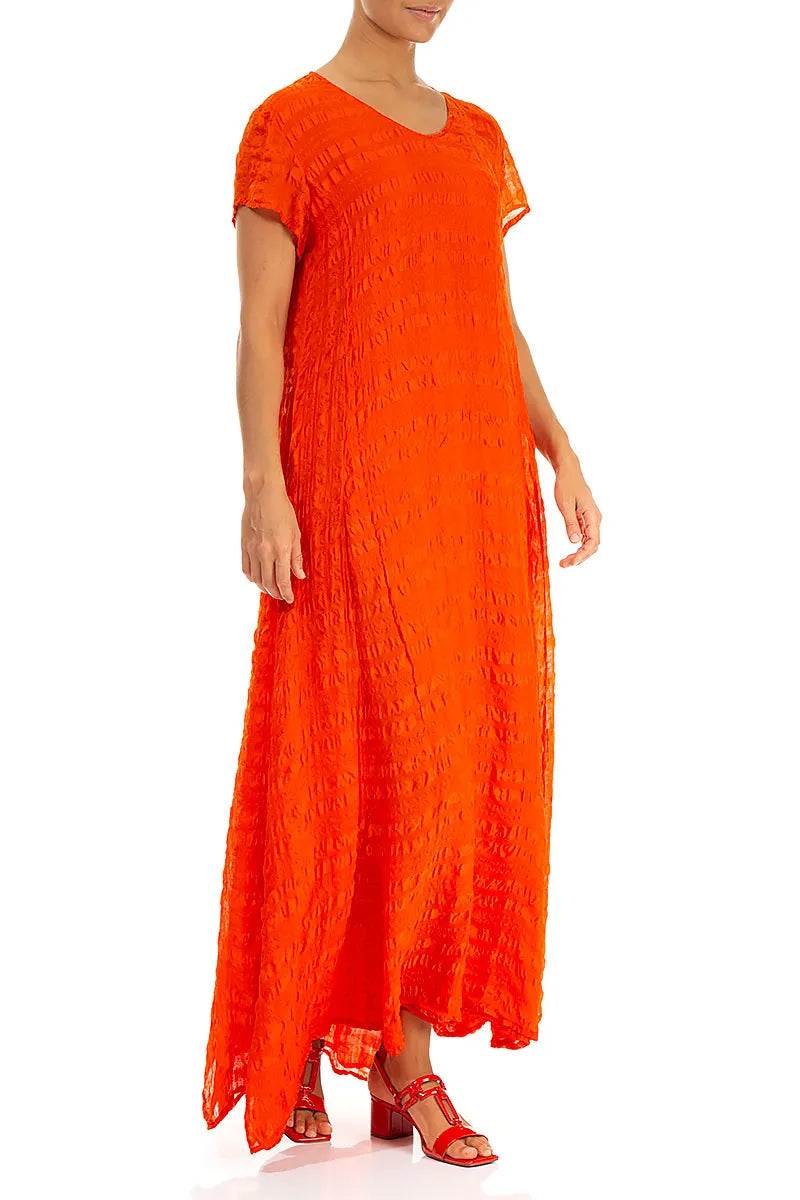 Short Sleeves Flame Orange Light Silk Maxi Dress 3