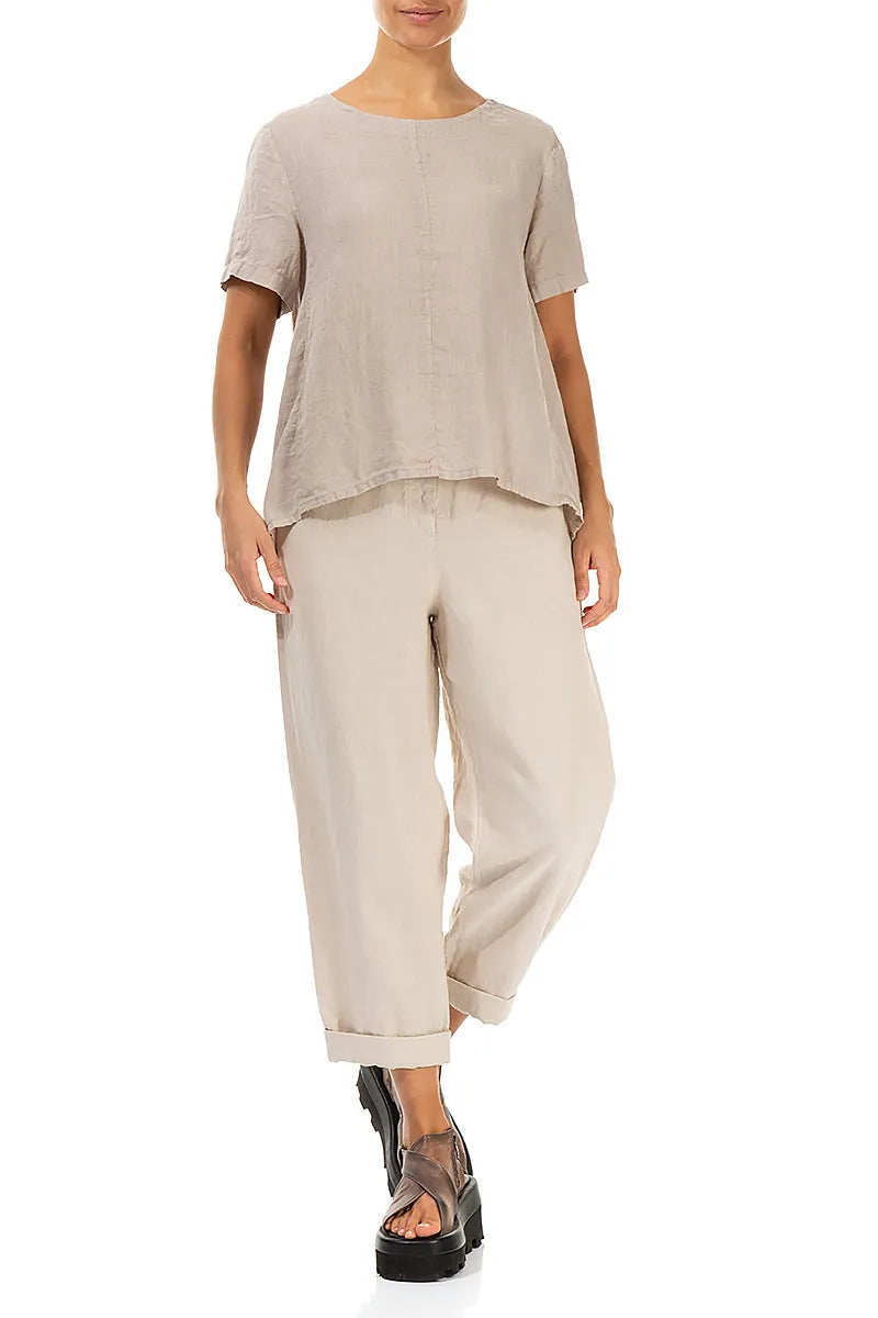 Short Sleeves Flared Beige Linen Top 4