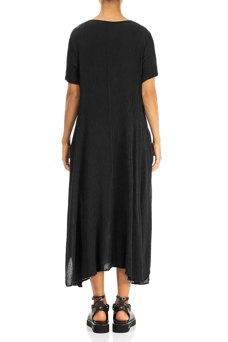 Short Sleeves Flared Black Silk Viscose Dress