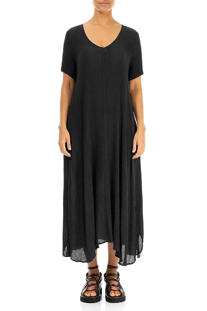 Short Sleeves Flared Black Silk Viscose Dress