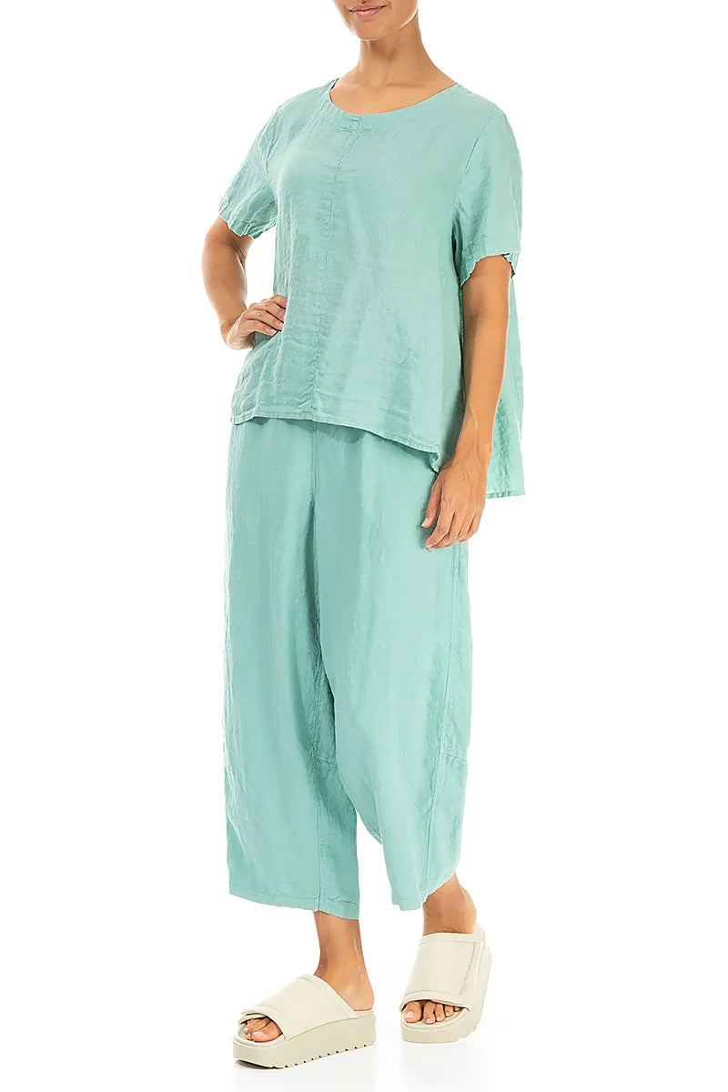 Short Sleeves Flared Mint Linen Top