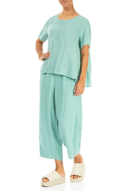 Short Sleeves Flared Mint Linen Top