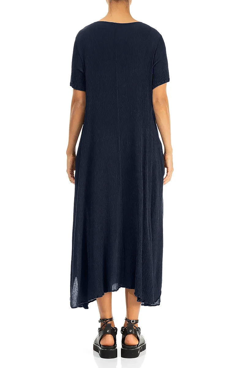 Short Sleeves Flared Navy Silk Viscose Dress