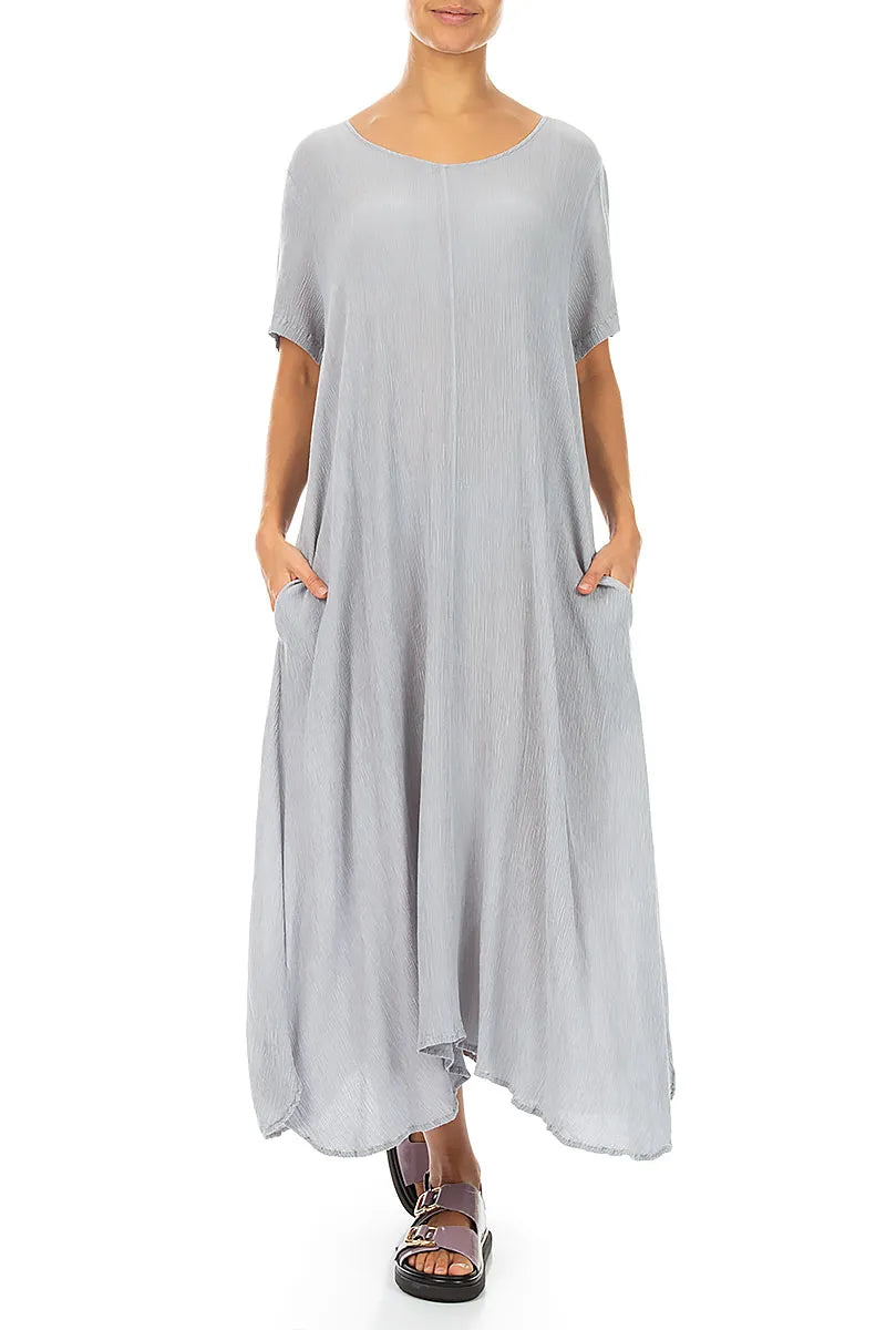 Short Sleeves Flared Silver Grey Silk Viscose Dress