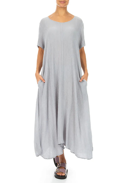 Short Sleeves Flared Silver Grey Silk Viscose Dress