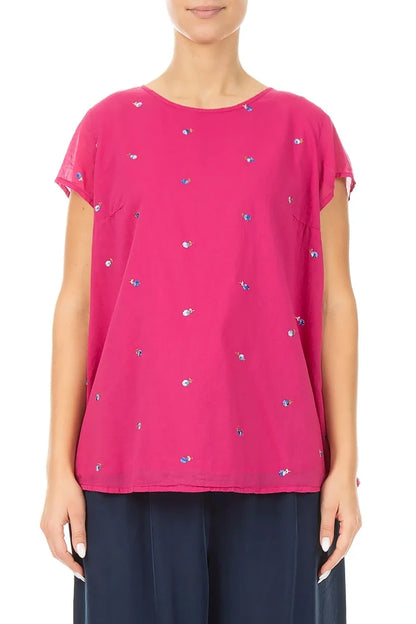 Short Sleeves Fuchsia Embroidered Petals Cotton Top 1