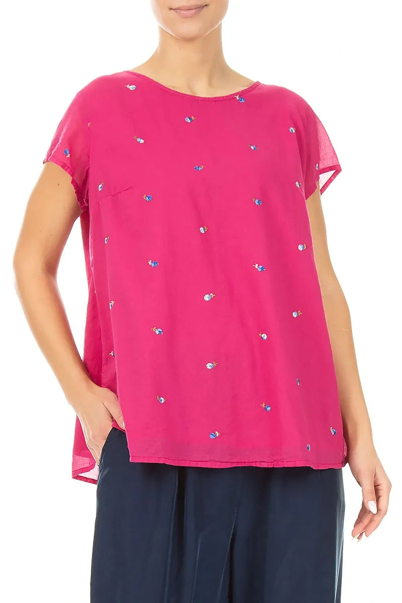 Short Sleeves Fuchsia Embroidered Petals Cotton Top 3