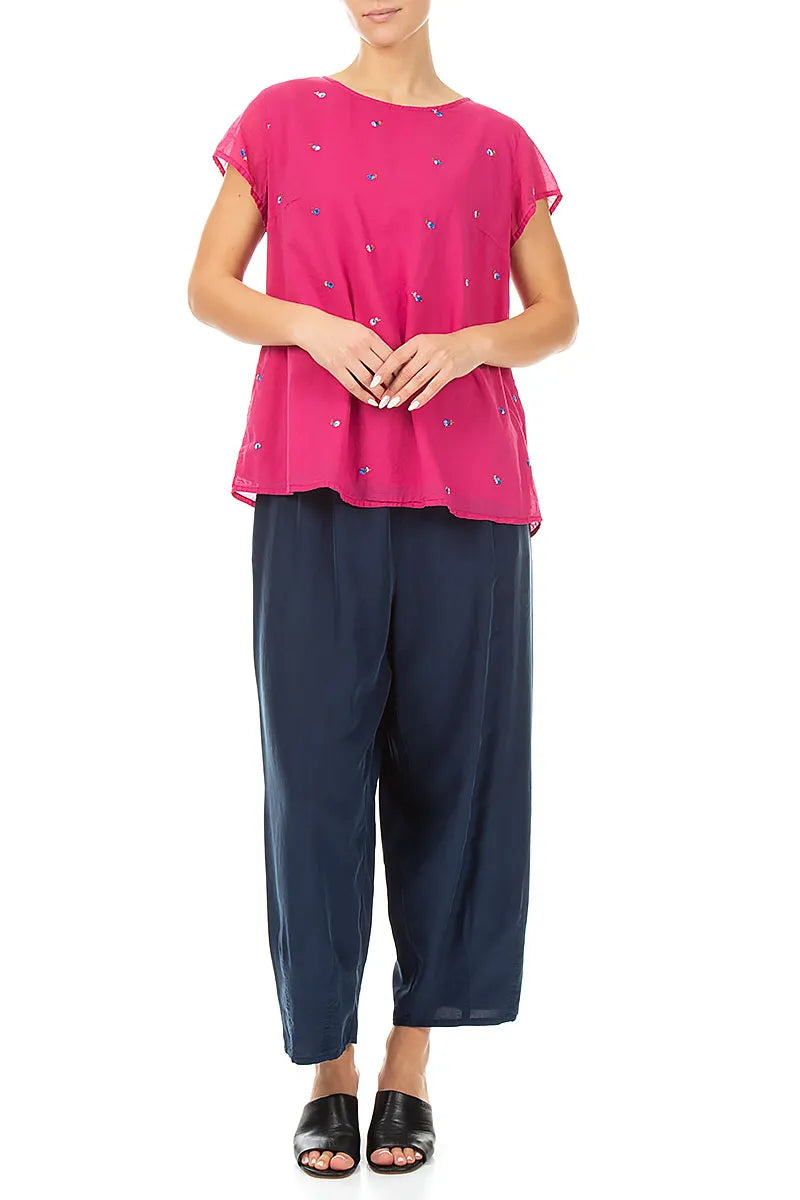 Short Sleeves Fuchsia Embroidered Petals Cotton Top 4