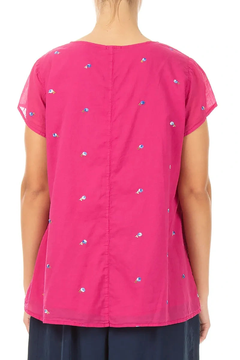 Short Sleeves Fuchsia Embroidered Petals Cotton Top 2
