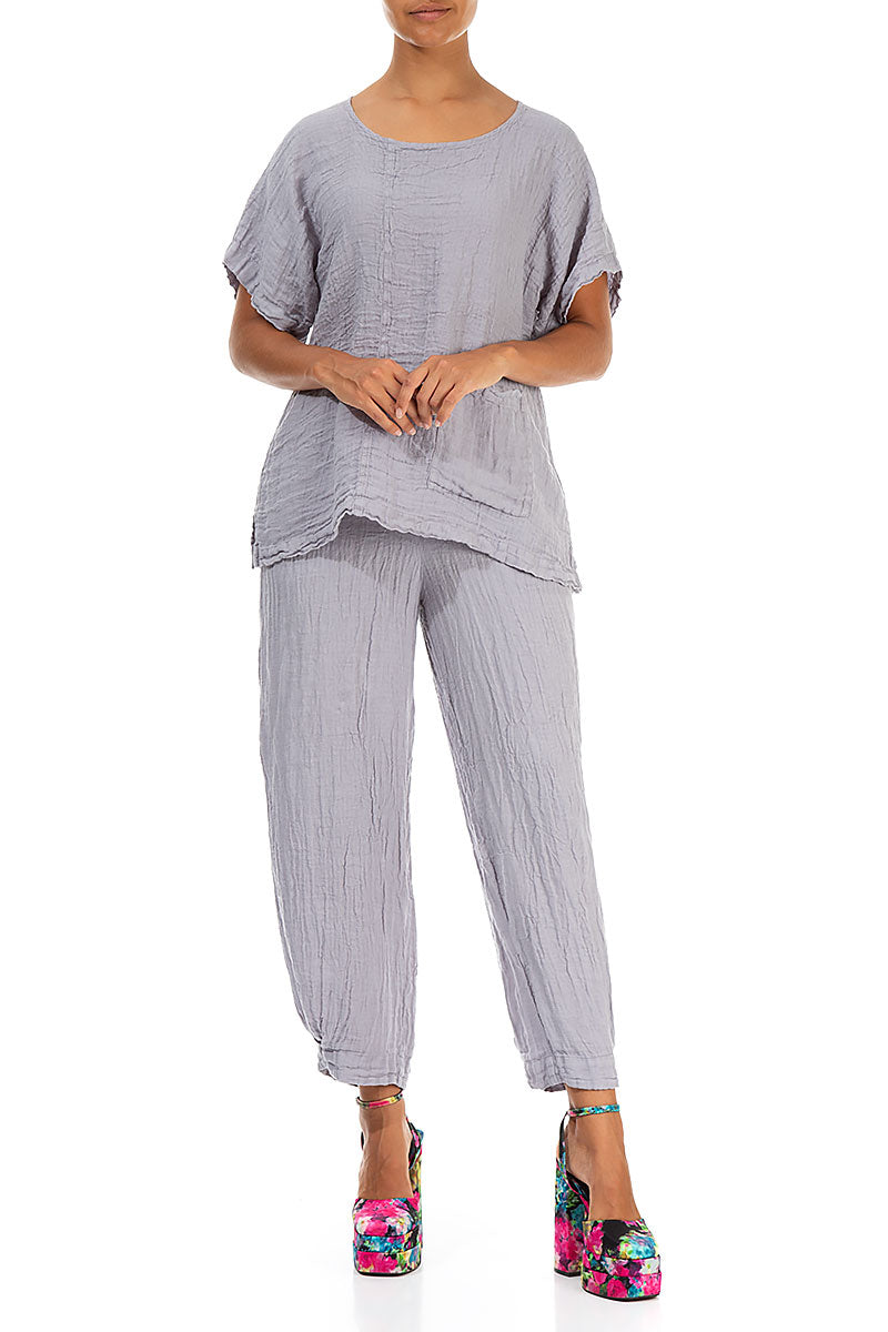 Short Sleeves Lilac Grey Crêpe Linen Blouse 4