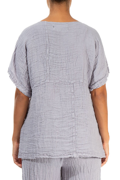 Short Sleeves Lilac Grey Crêpe Linen Blouse 2