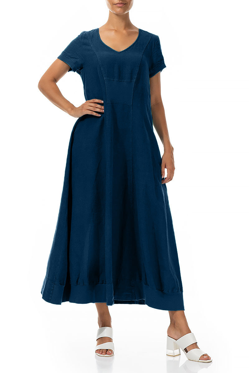 Robe longue en lin bleu marine à manches courtes