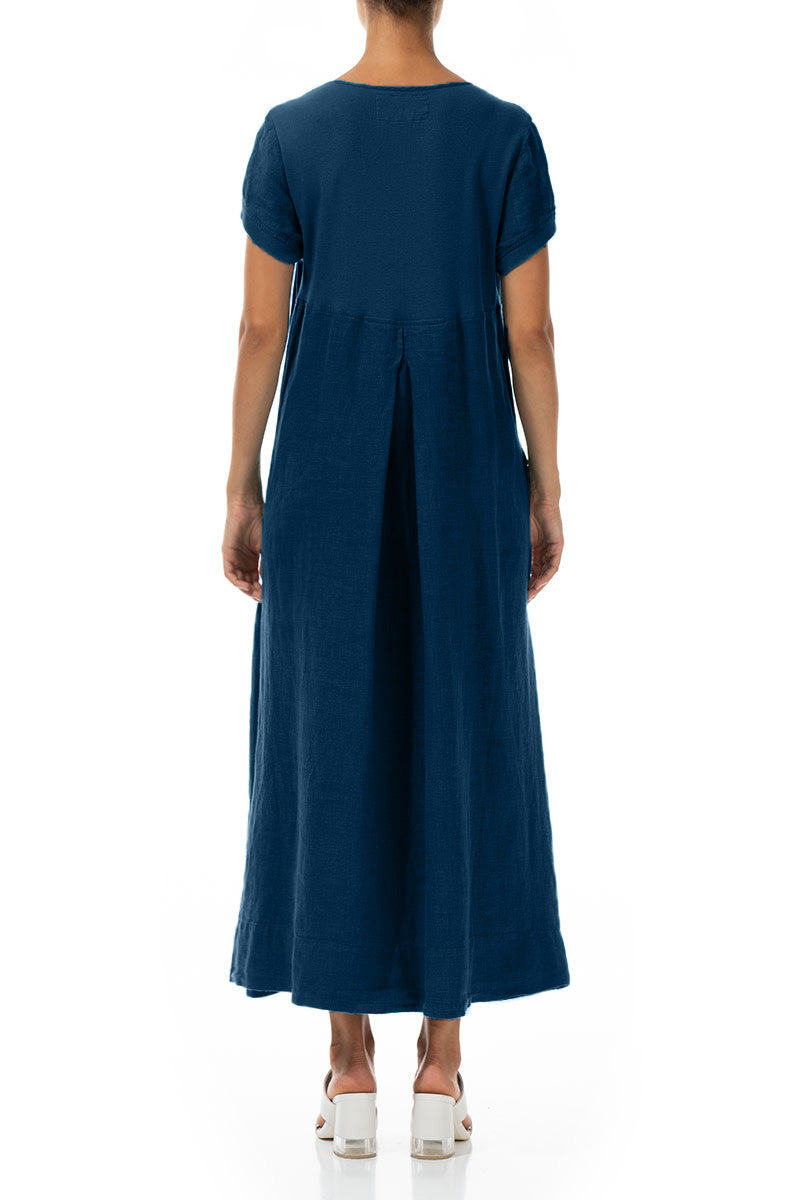 Robe longue en lin bleu marine à manches courtes