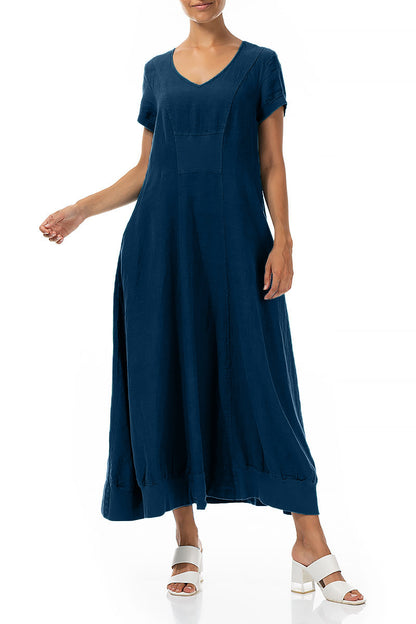 Robe longue en lin bleu marine à manches courtes