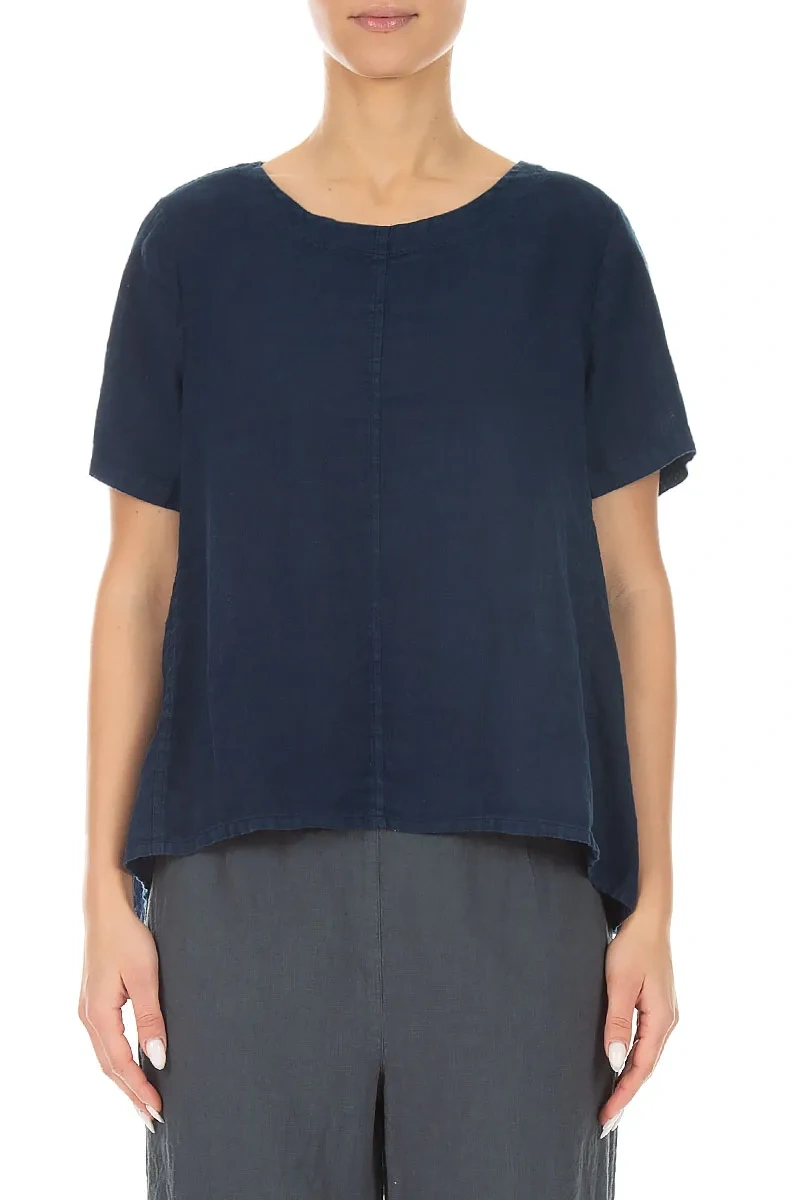 Short Sleeves Navy Linen Top