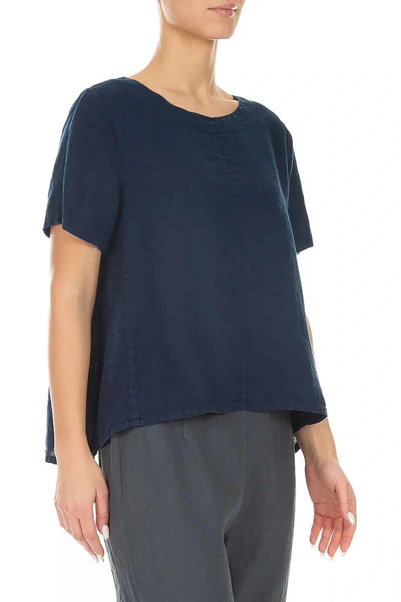 Short Sleeves Navy Linen Top
