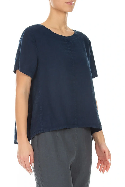Short Sleeves Navy Linen Top