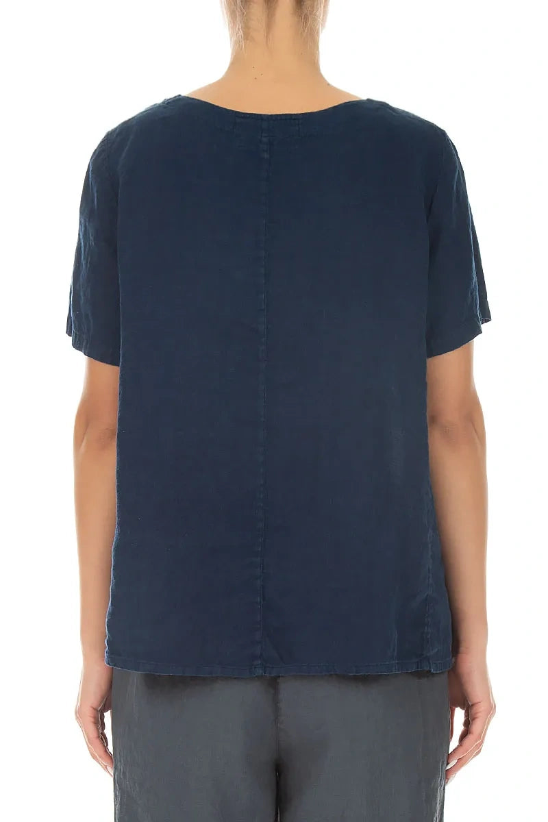 Short Sleeves Navy Linen Top