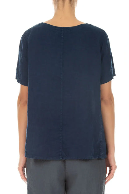 Short Sleeves Navy Linen Top