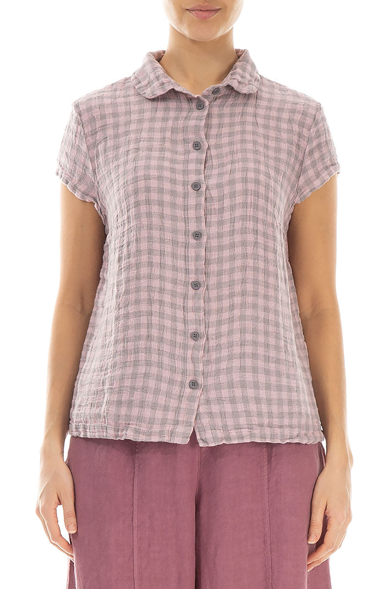 Short Sleeves Pink Check Linen Jacket