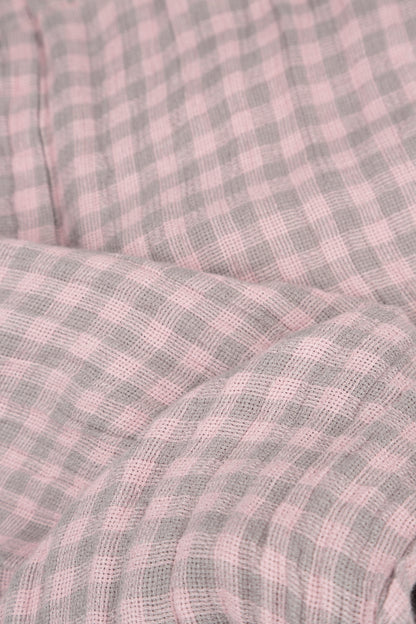 Short Sleeves Cowl Neck Pink Check Linen Midi Dress 5