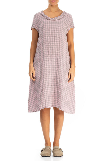 Short Sleeves Cowl Neck Pink Check Linen Midi Dress 1