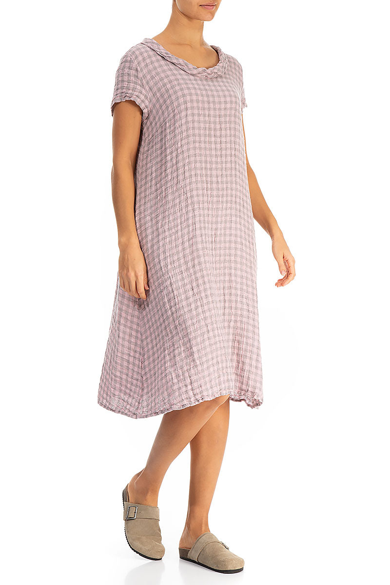 Short Sleeves Cowl Neck Pink Check Linen Midi Dress 3
