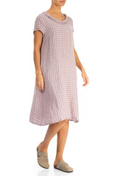 Short Sleeves Cowl Neck Pink Check Linen Midi Dress 3
