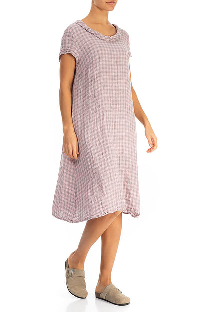 Short Sleeves Cowl Neck Pink Check Linen Midi Dress 3