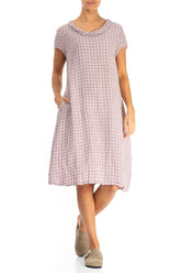 Short Sleeves Cowl Neck Pink Check Linen Midi Dress 4